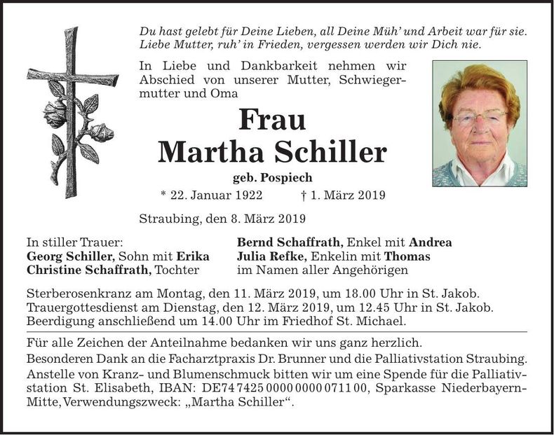 Traueranzeige Martha Schiller