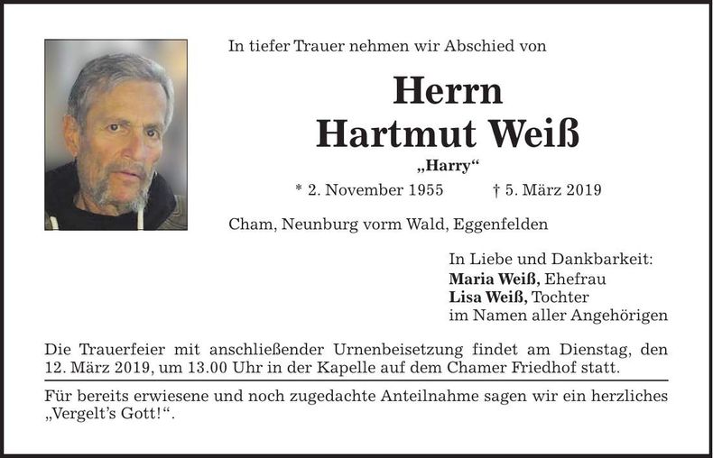 Traueranzeige Hartmut Weiß