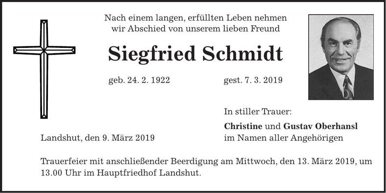 Traueranzeige Siegfried Schmidt