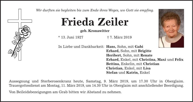 Traueranzeige Frieda Zeiler