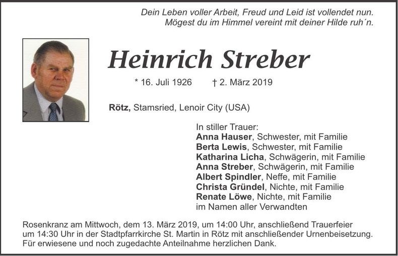 Traueranzeige Heinrich Streber