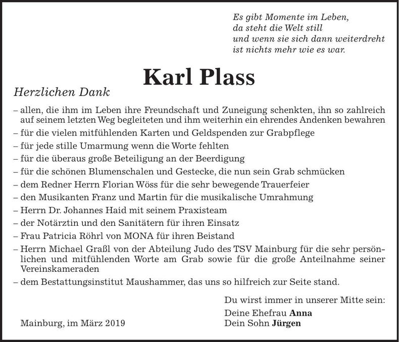 Traueranzeige Karl Plass