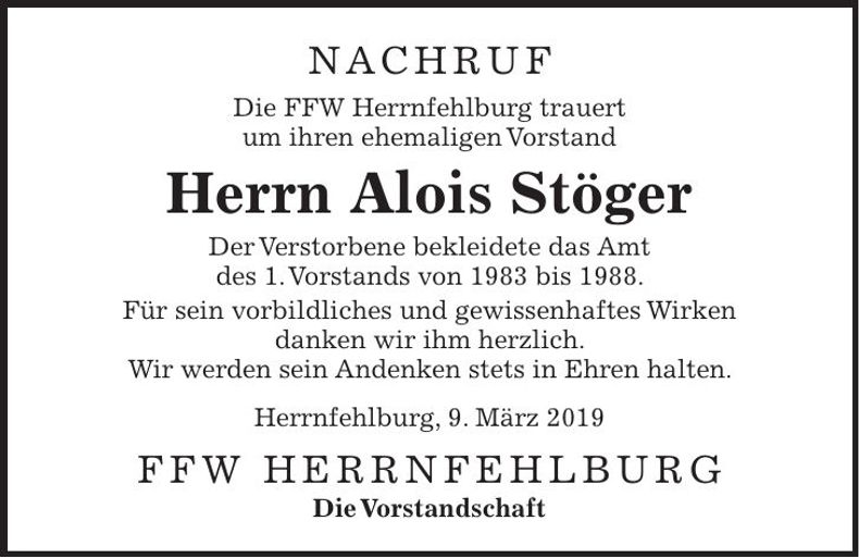 Traueranzeige Alois Stöger