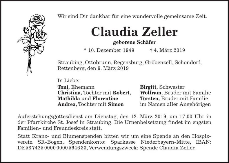Traueranzeige Claudia Zeller