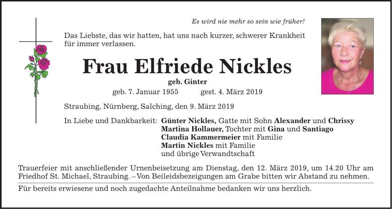 Traueranzeige Elfriede Nickles