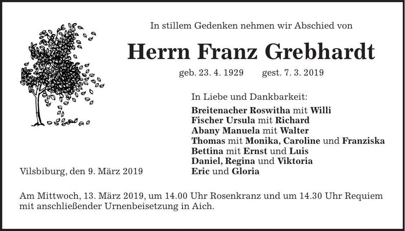 Traueranzeige Franz Gebhardt