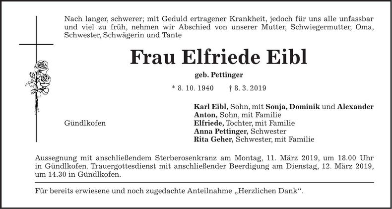 Traueranzeige Elfriede Eibl