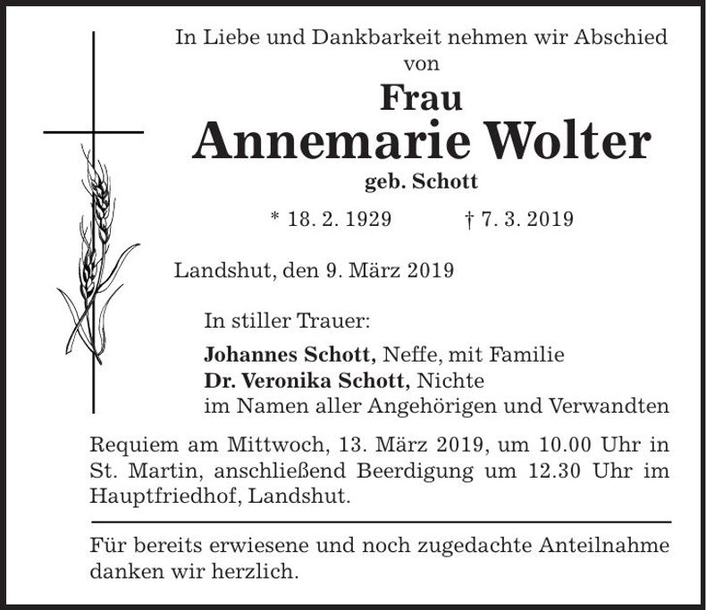 Traueranzeige Annemarie Wolter