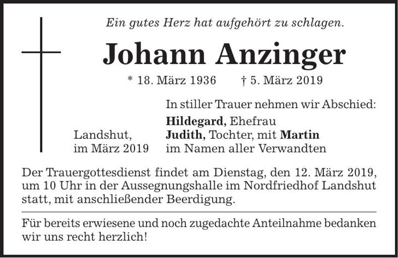 Traueranzeige Johann Anzinger
