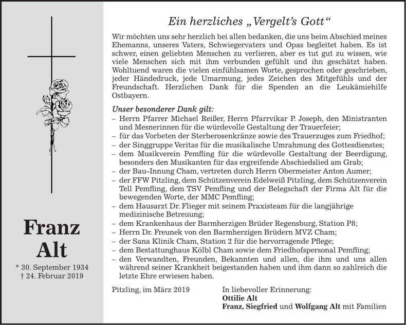 Traueranzeige Franz Alt