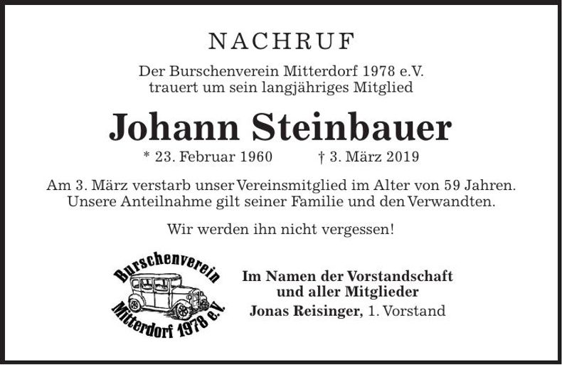 Traueranzeige Johann Steinbauer