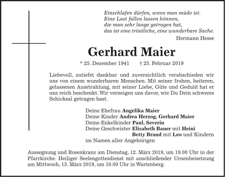 Traueranzeige Gerhard Maier