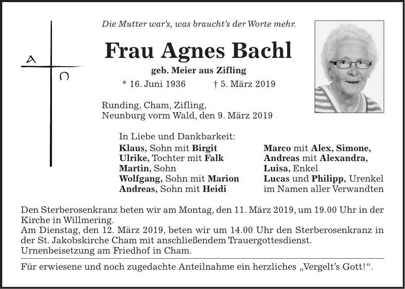 Traueranzeige Agnes Bachl