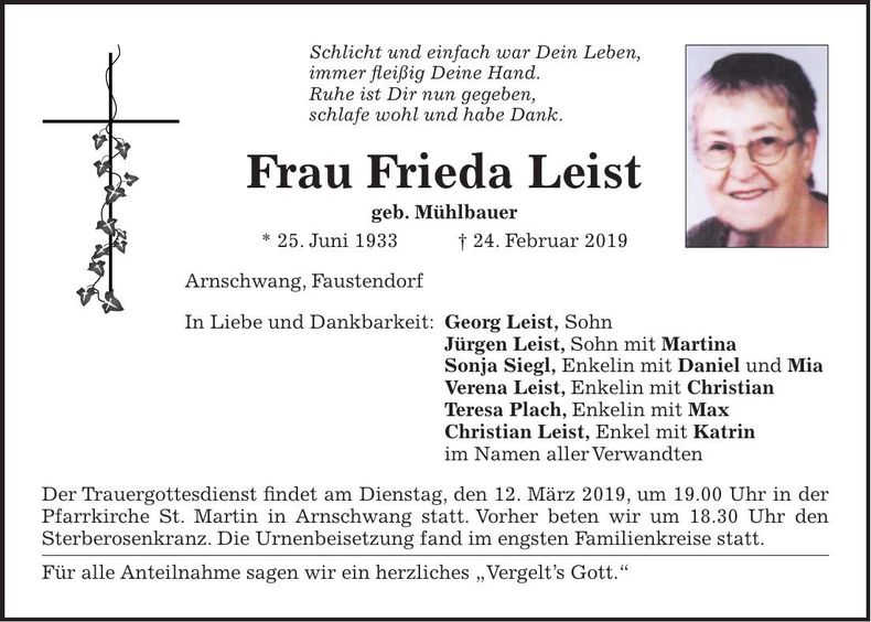 Traueranzeige Frieda Leist
