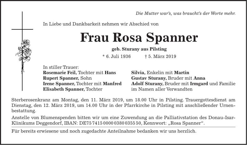 Traueranzeige Rosa Spanner