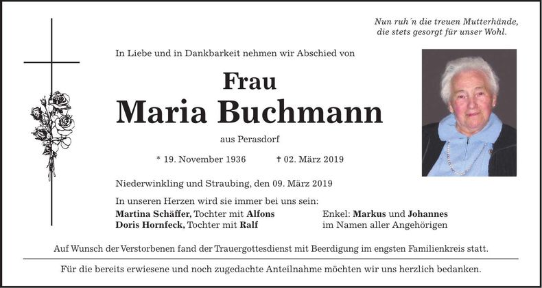 Traueranzeige Maria Wenninger