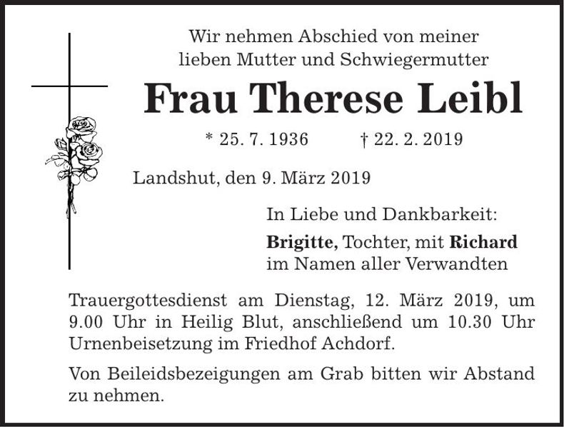 Traueranzeige Therrese Leibl