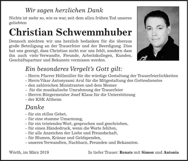 Traueranzeige Christian Schwemmhuber
