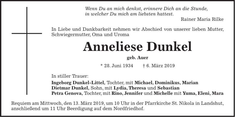 Traueranzeige Anneliese Dunkel