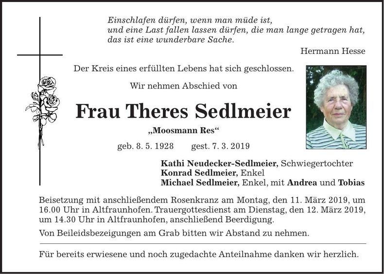 Traueranzeige Theres Sedlmeier
