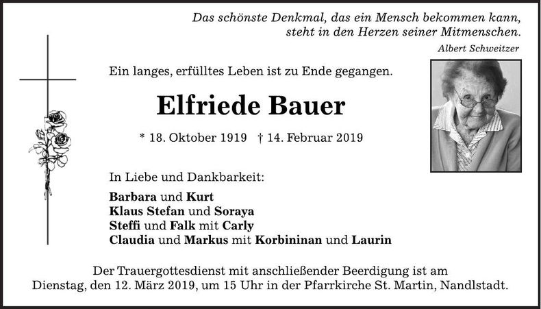Traueranzeige Elfriede Bauer