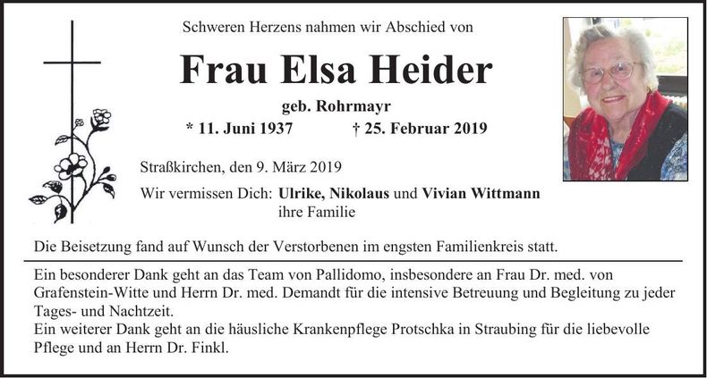 Traueranzeige Elsa Heider