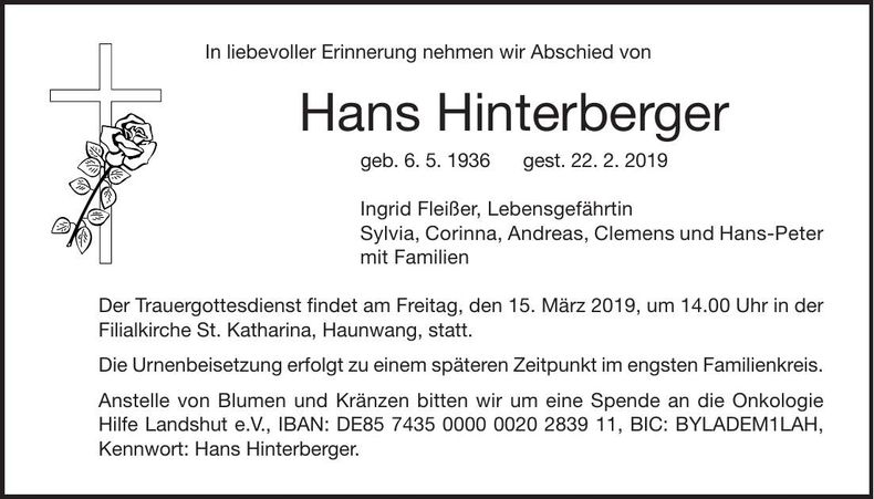 Traueranzeige Hans Hinterberger