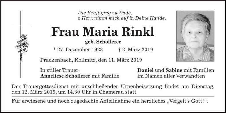 Traueranzeige Maria Rinkl