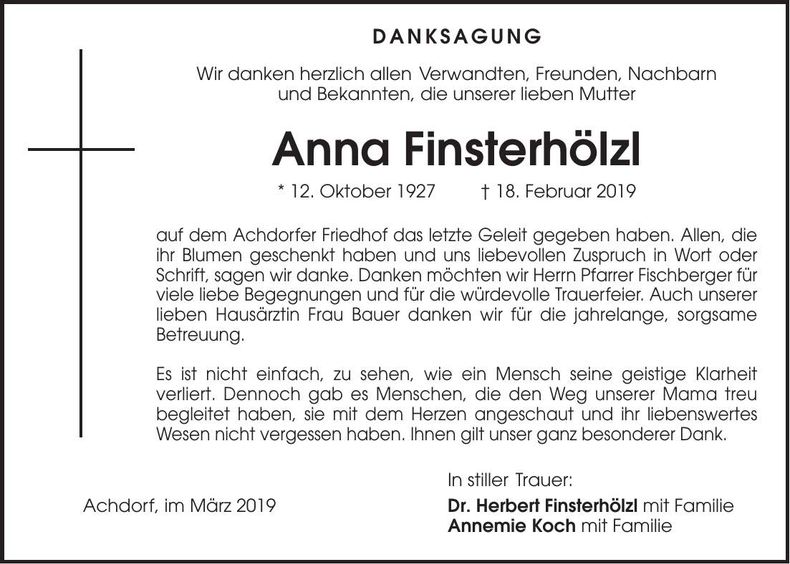 Traueranzeige Anna Finsterhölzl