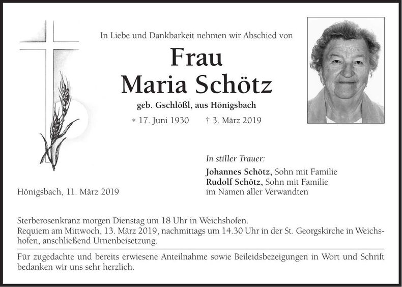Traueranzeige Maria Schötz