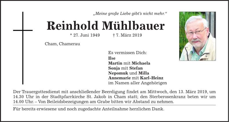 Traueranzeige Reinhold Mühlbauer