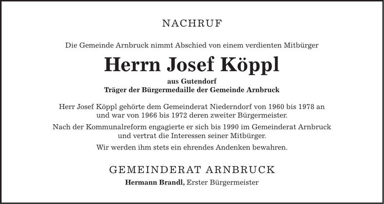 Traueranzeige Josef Köppl