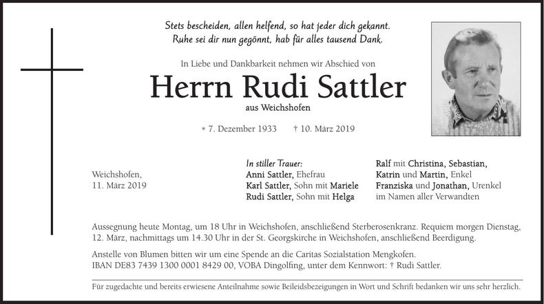 Traueranzeige Rudi Sattler