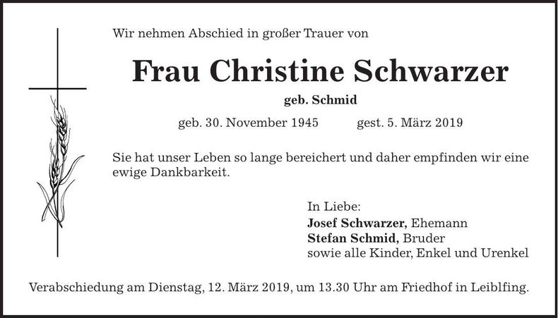Traueranzeige Christine Schwarzer