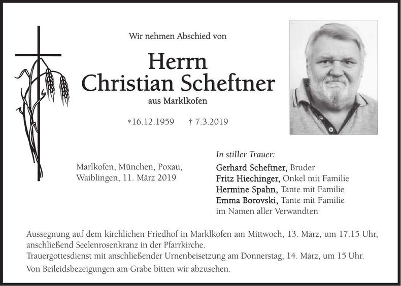 Traueranzeige Christian Scheftner