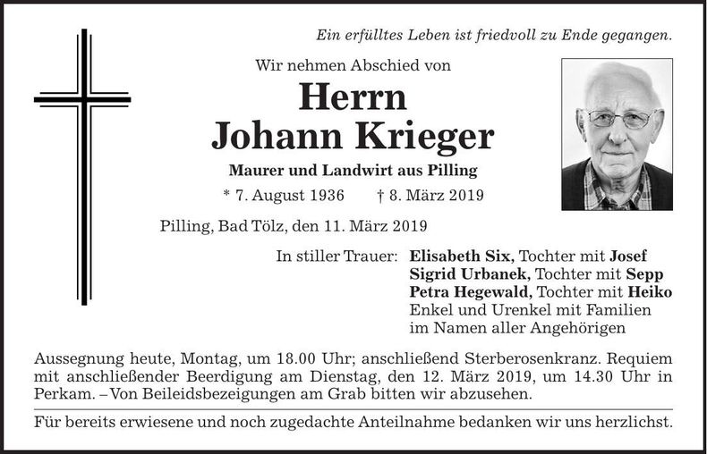Traueranzeige Johann Krieger