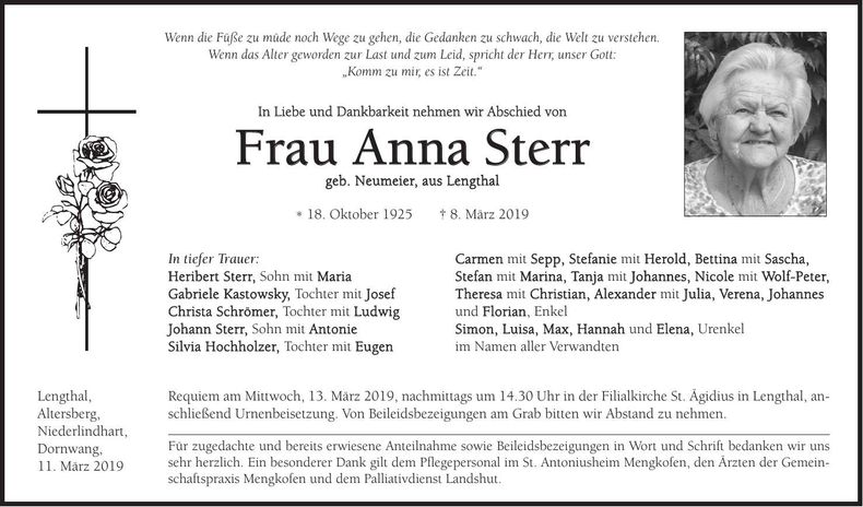 Traueranzeige Anna Sterr