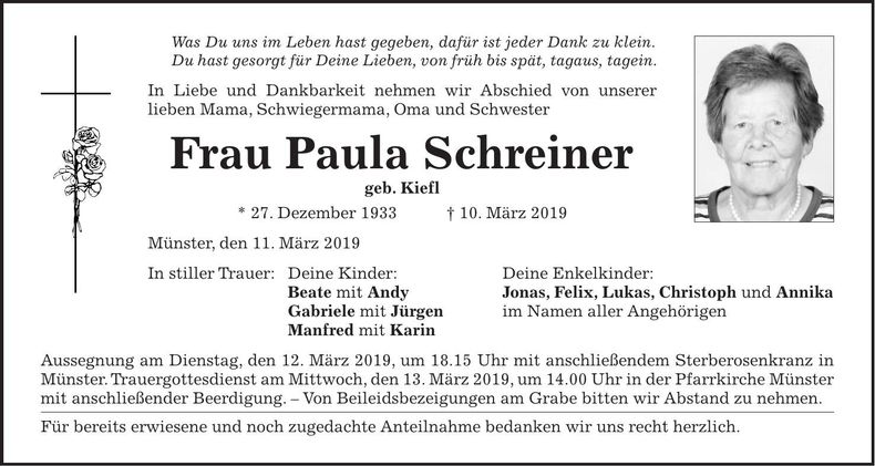 Traueranzeige Paula Schreiner