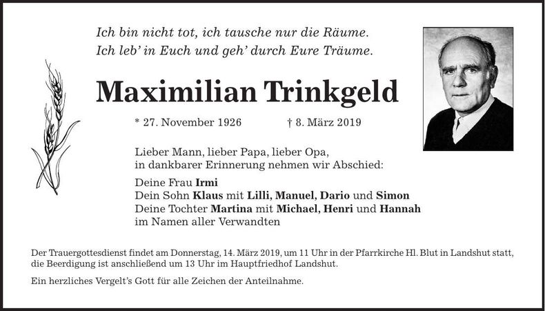 Traueranzeige Maximilian Trinkgeld