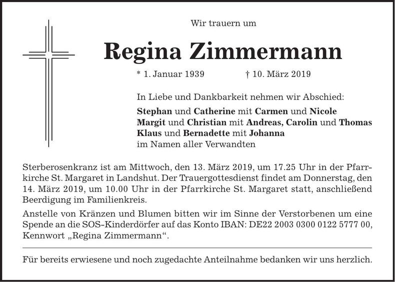 Traueranzeige Regina Zimmermann
