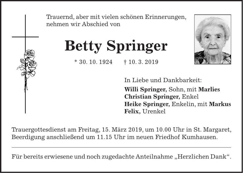 Traueranzeige Betty Springer