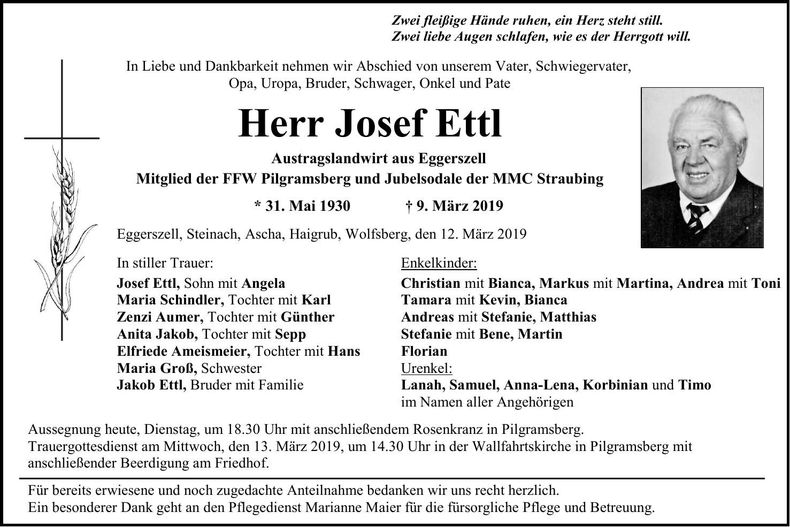Traueranzeige Josef Ettl