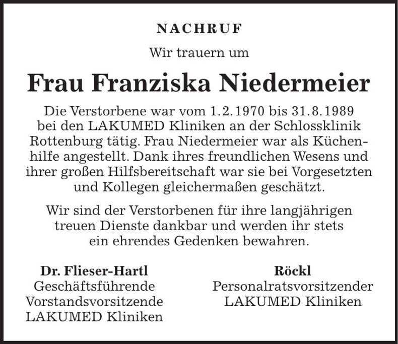 Traueranzeige Franziska Niedermeier