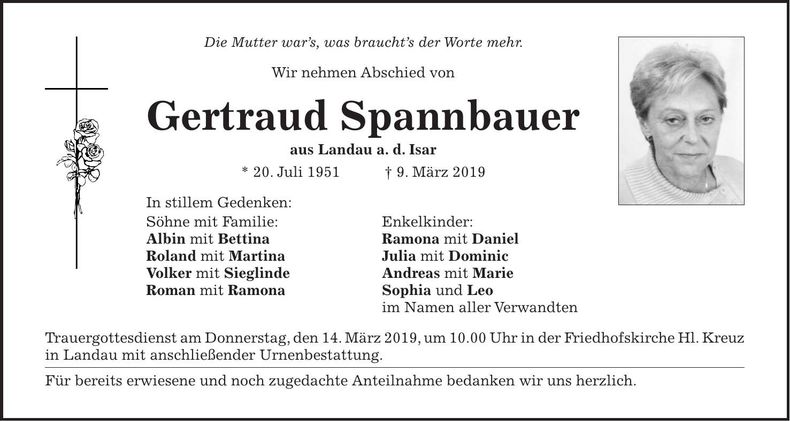 Traueranzeige Gertraud Spannbauer