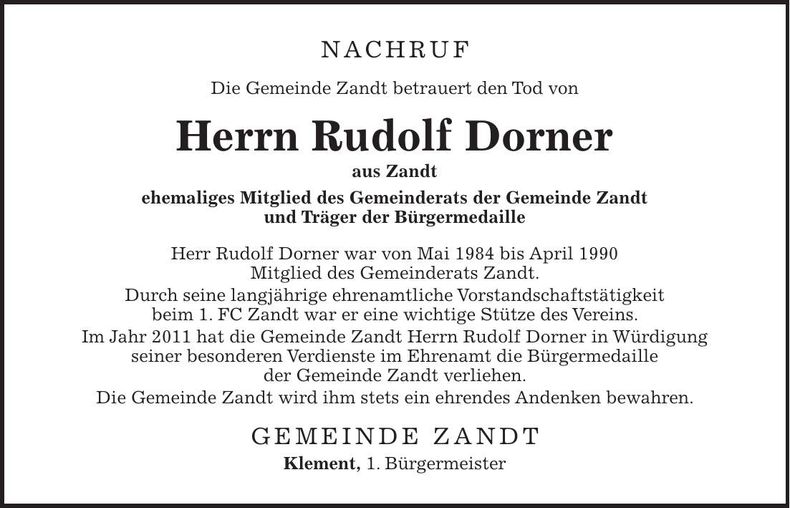 Traueranzeige Rudolf Dorner