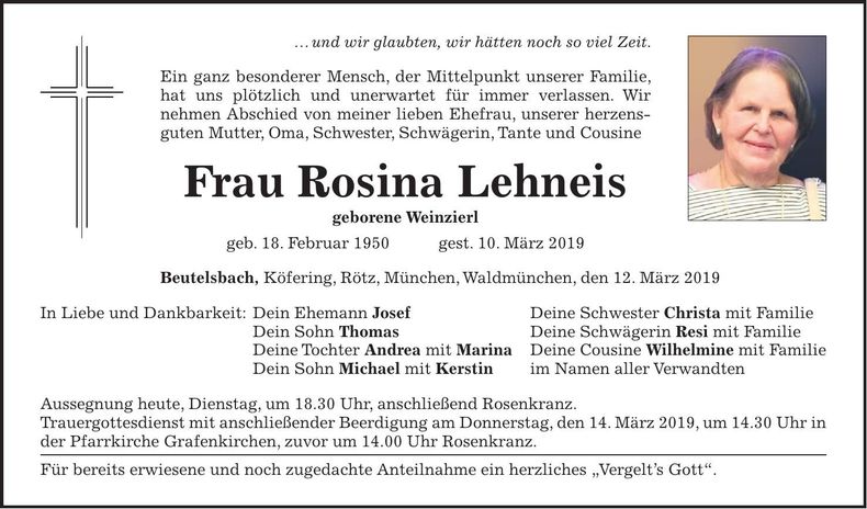 Traueranzeige Rosina Lehneis