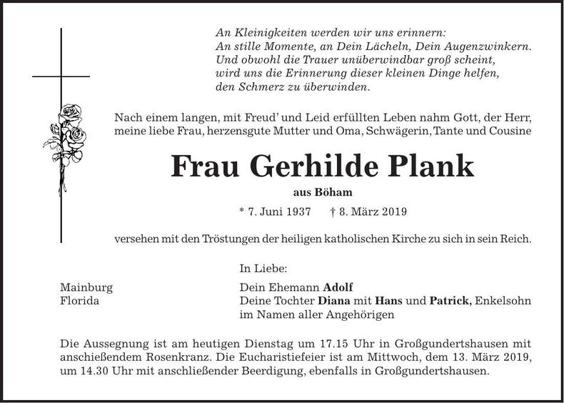 Traueranzeige Gerhilde Plank