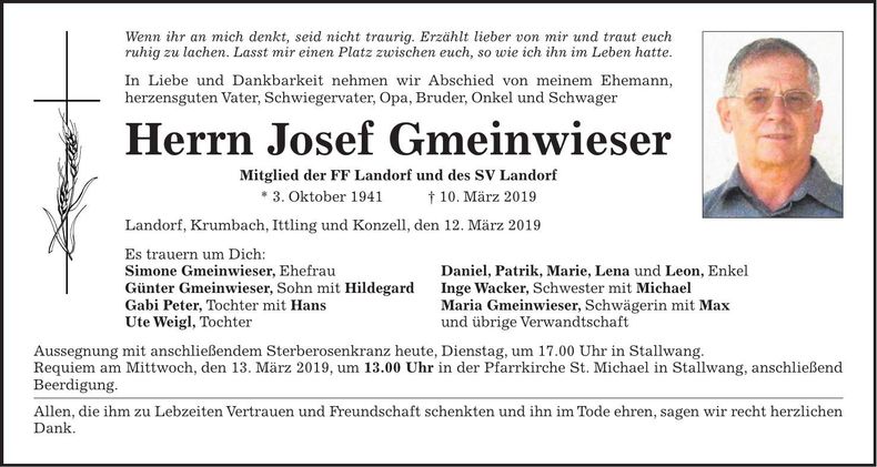Traueranzeige Josef Gmeinwieser