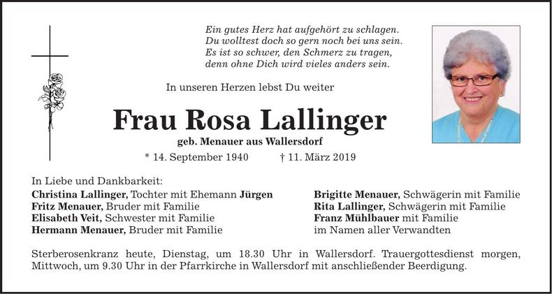 Traueranzeige Rosa Lallinger