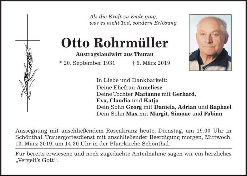 Traueranzeige Otto Rohrmüller